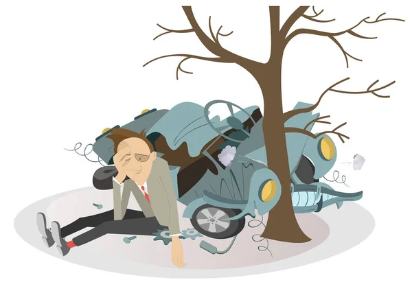 Άνθρωπος Αυτοκίνητο Και Οδικό Ατύχημα Εικονογράφηση Αναστατωμένος Άνθρωπος Κάθεται Στο — Διανυσματικό Αρχείο