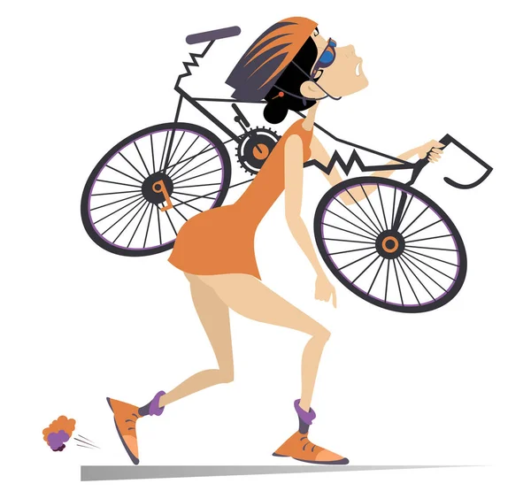 Mujer Ciclista Cansada Con Una Ilustración Bicicleta Rota Cansada Mujer — Archivo Imágenes Vectoriales