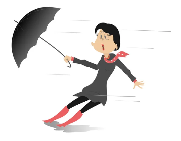 Strong Wind Rain Woman Umbrella Isolated Illustration Whirlwind Rain Woman — Stock Vector