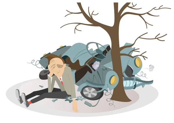 Man, car, and road accident illustration. Upset man seats on the ground near a car which crashed into the tree — Stock Illustration Man Car Road Accident Illustration Upset Man Seats Ground Car Stock Vector