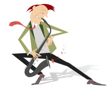 Çizgi film saksafoncusu çizimi. Saksafoncu, beyaza izole edilmiş büyük bir ilham kaynağı ile müzik çalıyor.