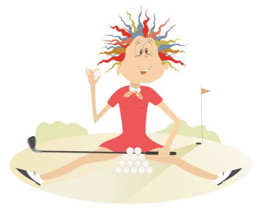 Smiling young woman recreates on the golf course illustration. Funny young woman sits on the grass in front of a pile of golf balls and holds a golf ball and golf club clipart