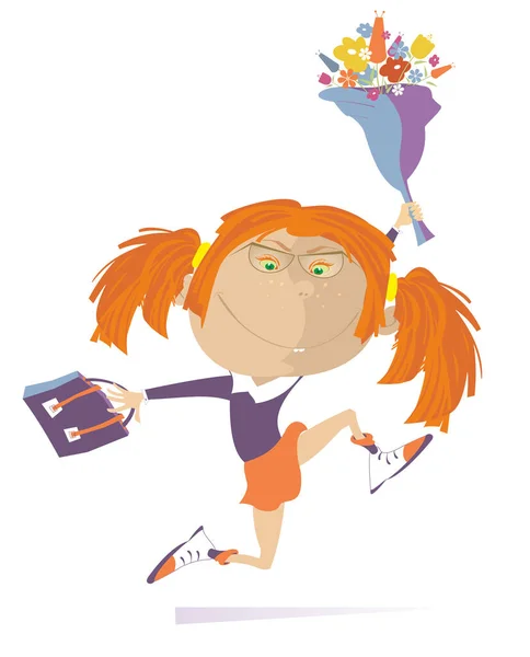 Menina Correndo Com Buquê Flores Ilustração Saco Engraçado Sorrindo Adolescente — Vetor de Stock