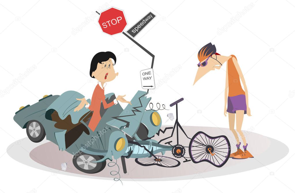 Road accident, driver, cyclist and broken bike illustration. Upset driver woman asks the sad cyclist man what to do with the broken car isolated on white