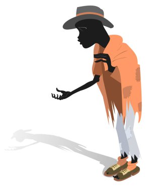 Afrikalı bir dilenci adam çizimi. Aç ve üşümüş Afrikalı adam beyazlara izole edilmiş yardım ve para istiyor.