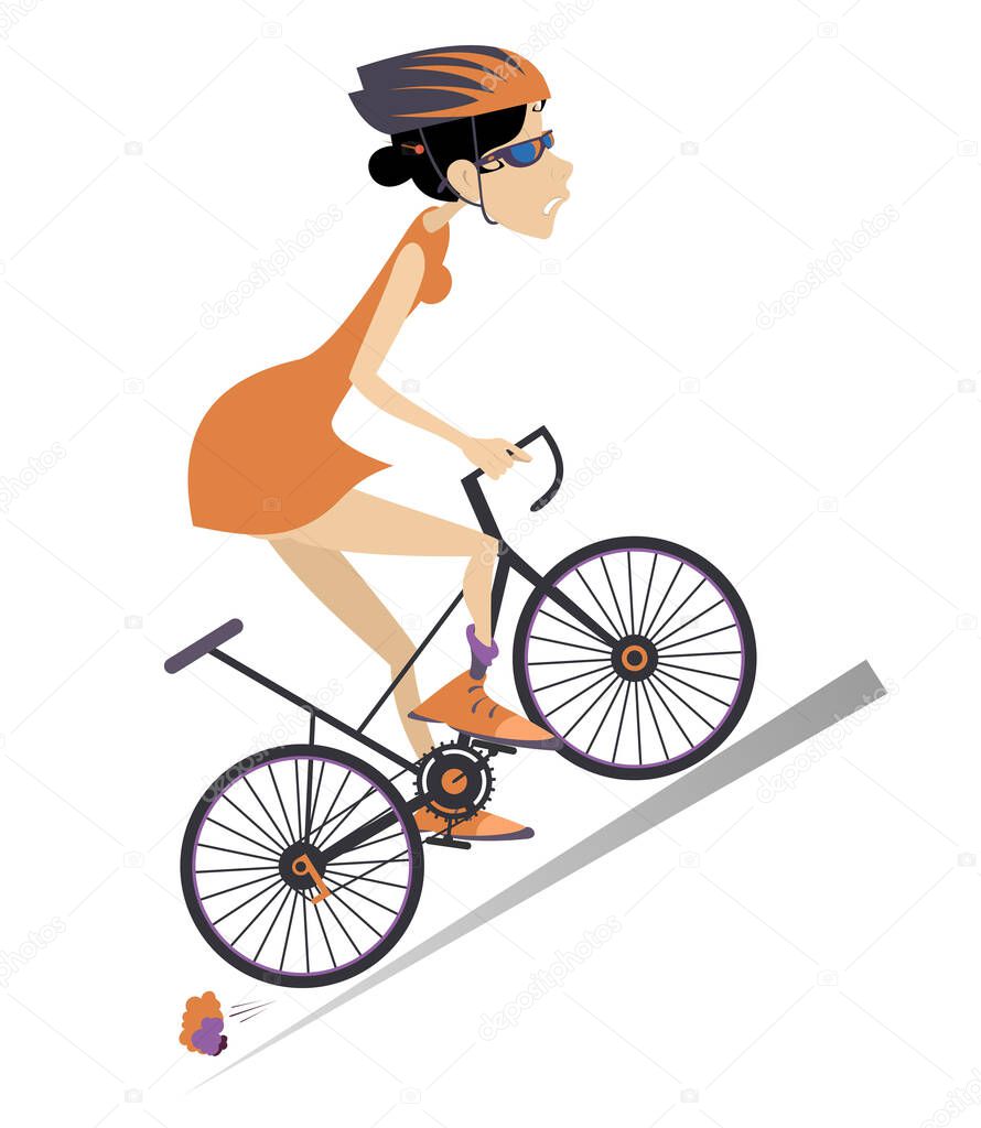 Tired cyclist rides a bike isolated illustration. Tired cartoon cyclist young woman in helmet overcomes a steep ascent isolated on white illustration