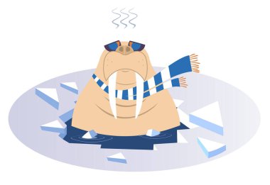 Kış yüzen deniz aygırı çizimi. Eşarplı ve güneş gözlüklü deniz aygırı buzlu suda yüzüyor ve beyaz üzerinde sağlıklı ve mutlu görünüyor.