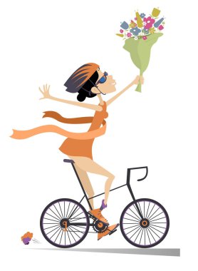 Çizgi filmdeki kadın bisiklete biniyor ve yarışı kazanıyor. Kasklı gülümseyen genç bir kadın bir demet çiçekle bisiklet sürüyor ve kazanan kurdele ile bitiriyor.