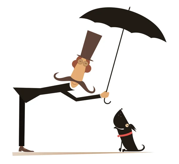 Homme Moustache Longue Parapluie Illustration Chien Drôle Moustache Longue Homme — Image vectorielle