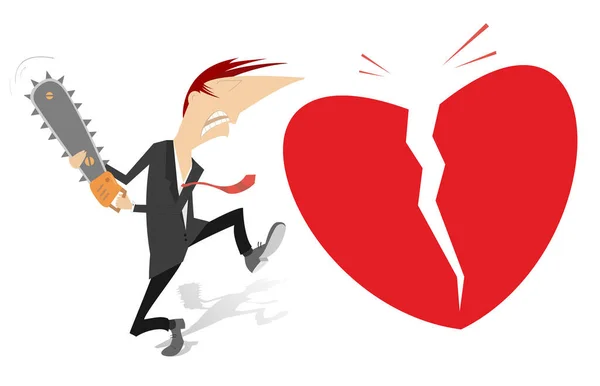 破碎的心脏符号说明 怒气冲冲的男人拿着一把链锯 割破了一个被白色隔离的巨大心脏符号 — 图库矢量图片
