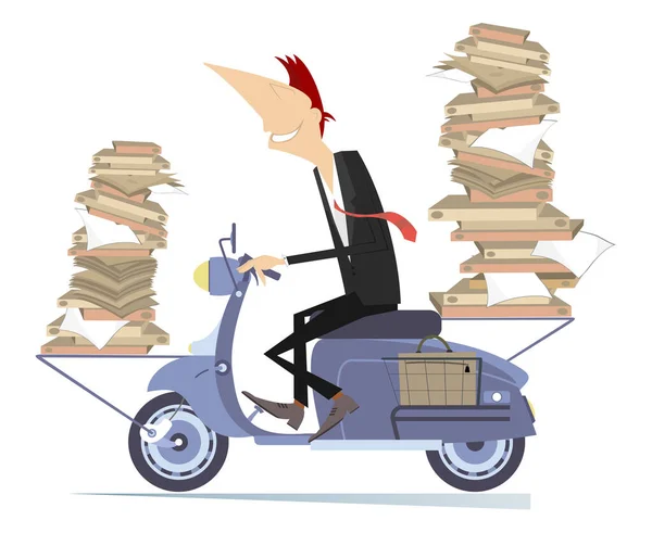 Jeune Homme Porte Des Papiers Des Livres Scooter Illustration Smiling — Image vectorielle