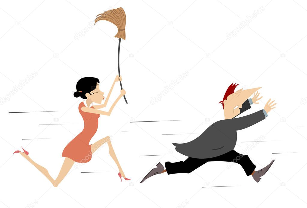 Quarrel between man and woman concept illustration. Man runs away from the angry woman trying to hits him with a big broom isolated on white