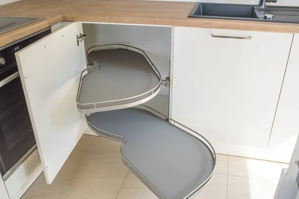 Open Empty Corner Cupboard Kitchen — Stock Photo, Image