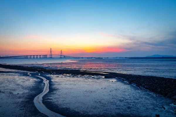 Incheon Bridge Nacht Landschaft Incheon Bridge Nachtansicht Verschiedenen Farben Reflexionen — Stockfoto