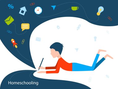 Homeschooling The boy is studying. The child writes with a pencil. Flat vector illustration clipart