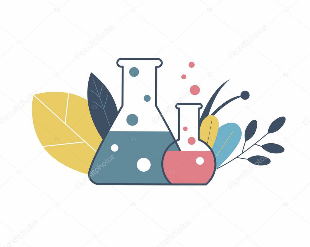 Chemical flasks and autumn leaves, icon