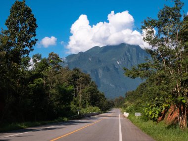 Tropikal kırsalında Road, Asia.Green Rainny sezon forrest, ağaç bitki, açık, Rroad doğada forrest, mountain view, Doi Luang Chiang Dao. Chiang Mai Tayland.