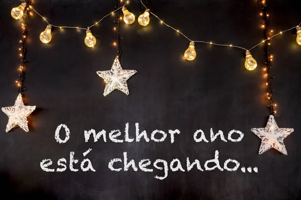Португальською Означає Найкращий Рік Настає Чорному Фоні Білими Зірками Жовтим — стокове фото