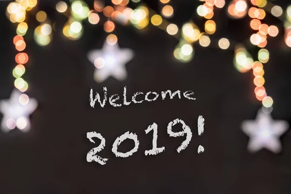 Welcome 2019 Text Black Background Lights Stars Stock Photo