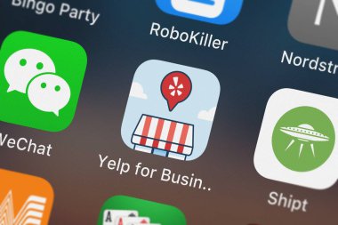 London, Büyük Britanya - 29 Eylül 2018: yakın çekim çekim için işletme sahipleri uygulama simgesi Yelp bir iPhone Yelp.