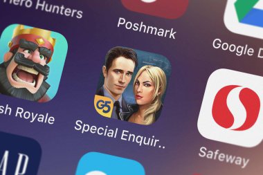London, Büyük Britanya - 29 Eylül 2018: özel sorgu ayrıntı: el G5 Entertainment Ab üzerinden beslemeleri mobil app iphone ekranında. 