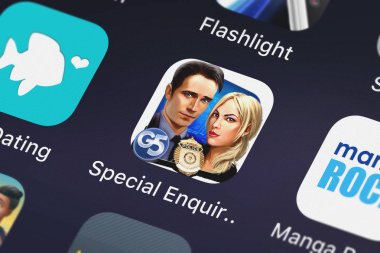 London, Büyük Britanya - 29 Eylül 2018: yakın çekim çekim özel sorgu ayrıntı: el G5 Entertainment Ab o beslemeleri mobil app.
