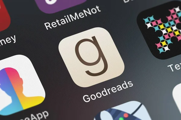 London, Büyük Britanya - 29 Eylül 2018: Close-up Goodreads: Goodreads kitap eleştirileri simgesinden bir iphone üzerinde.