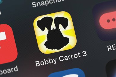 London, United Kingdom - September 29, 2018: Close-up of the Bobby Carrot 3 icon from FDG Mobile Games GbR on iPhone. clipart
