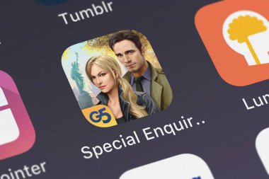 London, Büyük Britanya - 29 Eylül 2018: özel sorgu ayrıntı: G5 Entertainment Ab mobil app iphone ekranında öldürmeye nişanlı. 