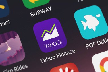 Bir iphone--dan Yahoo Yahoo Finance simgesine Close-up London, Büyük Britanya - 29 Eylül 2018:.