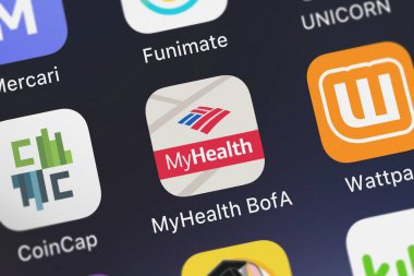 London, Büyük Britanya - 29 Eylül 2018: Screenshot Myhealth Bofa mobil App iphone üzerinde Bank of America simgesinden.
