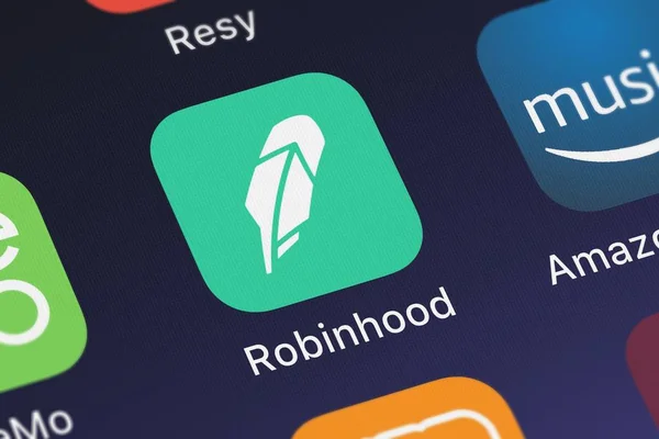 London, Büyük Britanya - 29 Eylül 2018: yakın çekim çekim Robinhood marketler A.ş.'in popüler uygulaması Robinhood - yatırım, hayır ücretleri.