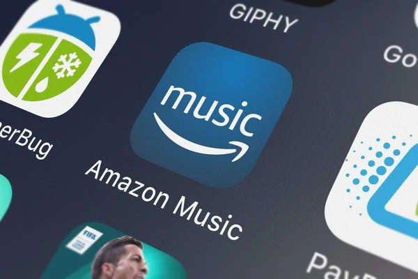 London, Büyük Britanya - 29 Eylül 2018: ekran görüntüsü Amzn Mobile Llc simgesi bir iphone üzerinde Amazon müzik mobil uygulaması.