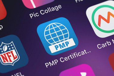 London, Büyük Britanya - 30 Eylül 2018: Pmp sertifikası ustalık mobil app yüksek öğrenim teknolojileri bir iphone ekranında.