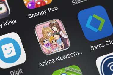 London, Büyük Britanya - 30 Eylül 2018: Close-up shot bataklık Bahçesi'nın popüler App Anime yeni doğan bebek bakımı - anne Giydir Salon Sim oyun çocuklar için.