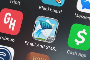 London, Büyük Britanya - 01 Ekim 2018: Screenshot-in e-posta ve Sms zamanında hareket eden app iphone üzerinde G.P. ithalat, Inc simgesinden.