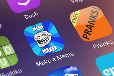 London, Büyük Britanya - 30 Eylül 2018: Make bir Meme - komik Memes jeneratör bir iphone ekranında Ankit Mistri üzerinden mobil uygulaması.