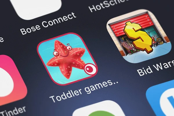 英国伦敦 2018年9月30日 托雅塔普3岁的幼儿移动应用程序游戏 网络手机屏幕上的学前和幼儿园拼图和游戏有限公司 — 图库照片