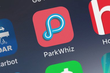 London, United Kingdom - September 30, 2018: Screenshot of the ParkWhiz - Find Parking Nearby mobile app from ParkWhiz, Inc. icon on an iPhone. clipart