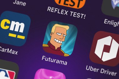 London, Büyük Britanya - 30 Eylül 2018: Futurama: yarın dünyalar mobil uygulaması Tinyco, Inc bir iphone ekranında.