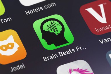 London, Büyük Britanya - 02 Ekim 2018: simge mobil uygulaması beyin yener ücretsiz Binaural beyin dalgalarını sonsuz dalga medyadan, Llc bir iphone üzerinde.