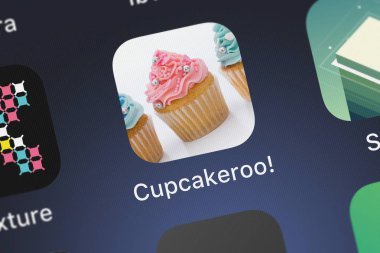 London, United Kingdom - October 02, 2018: Close-up shot of the Cupcakeroo application icon from Maverick Software LLC on an iPhone. clipart