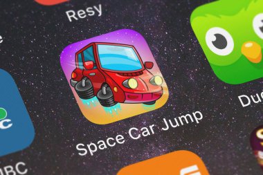 London, United Kingdom - October 01, 2018: Screenshot of the Space Car Jump mobile app from Makeover Mania Story Games icon on an iPhone.