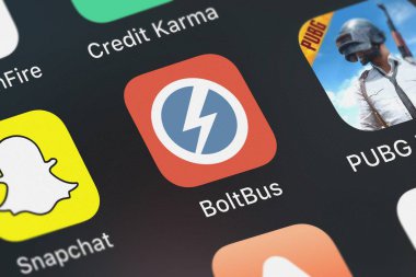 Bir iphone Firstgroup America Inc Boltbus simgesine Close-up London, Büyük Britanya - 02 Ekim 2018:.