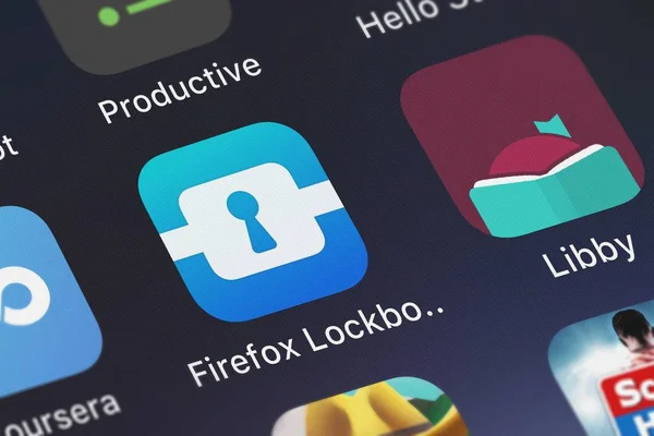 Iphone の画面に Mozilla からのロンドン イギリス 2018 ロック ボックス Firefox の携帯アプリ — ストック写真