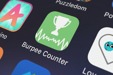 London, Büyük Britanya - 02 Ekim 2018: yakın çekim çekim Burpee Counter - sadece egzersiz izci o parça Your Reps Your mikrofon ile uygulama simgesi yenilikçi Investments Limited bir iphone üzerinde.
