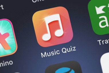 London, Büyük Britanya - 02 Ekim 2018: Music Quiz - Mangoo Oyunlar Mobil app iphone ekranında ayar adı.