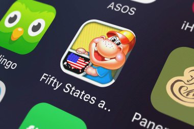 London, Büyük Britanya - 02 Ekim 2018: yakın çekim shot avokado cep Inc's popüler uygulaması elli Devletler ve başkentler öğrenme Oyunlar Apps çocuk.