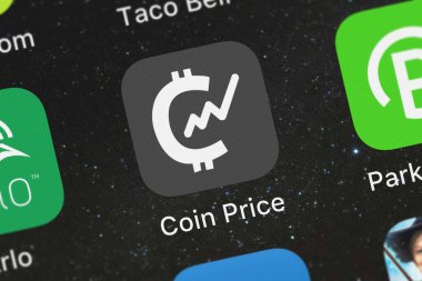 London, Büyük Britanya - 02 Ekim 2018: ekran görüntüsü bozuk para fiyat - hamza ouroui simgesi bir iphone üzerinde para pazar mobil uygulaması.