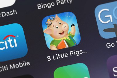 London, Büyük Britanya - 02 Ekim 2018: yakın çekim çekim bir iphone üzerinde Tinyhands Apps Eğitim öğrenme Oyunlar için bebekler küçük bebekler ve çocuklar Corp 3 küçük domuzlar masal uygulama simgesi.